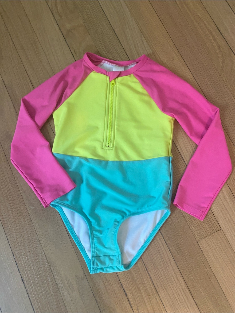 Cat & Jack Pink, Yellow & Teal One-Piece Long Sleeve Color Block Bathing Suit